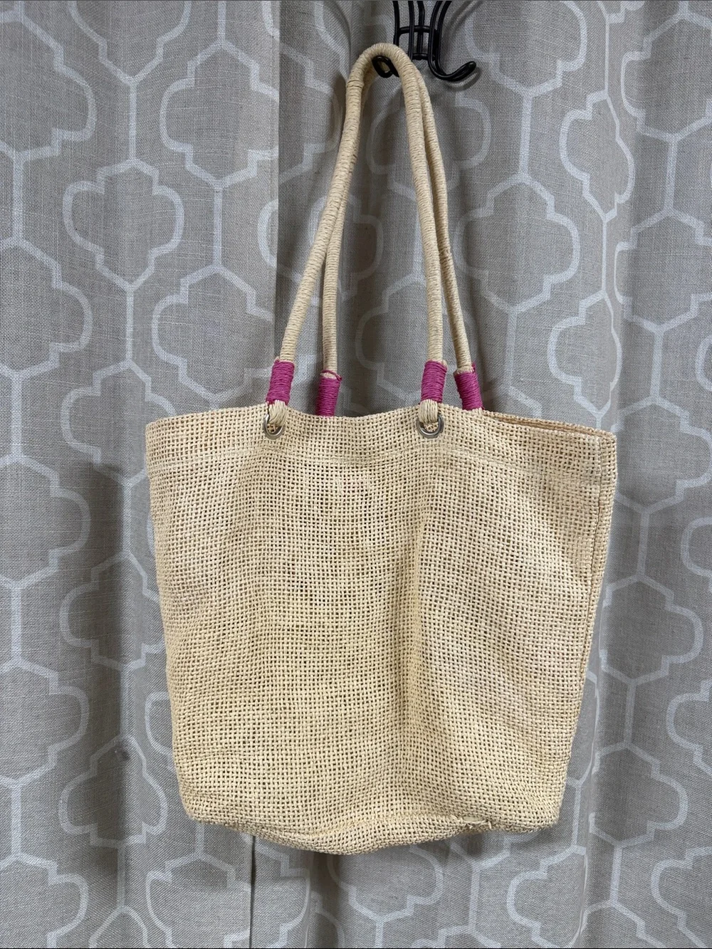Capelli of New York Cream Straw Tote with Rainbow Embroidery and Pom-Poms